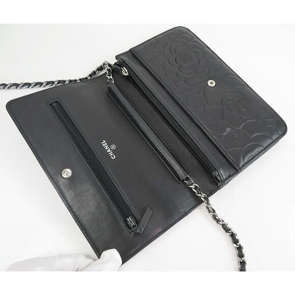 Auth CHANEL Black Camellia Pattern Leather Wallet on Chain Bag WOC 43425 - Picture 9 of 12